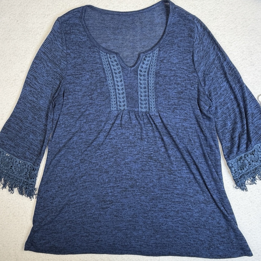 Women's Blue Marled Knit Tunic Top 3/4 Sleeve Crochet Fringe Boho